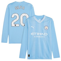 Men's Bernardo Silva Manchester City F.C. Replica Blue Puma Sky 2023/24 Home Long Sleeve Soccer Jersey