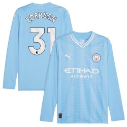 Men's Ederson Manchester City F.C. Replica Blue Puma Sky 2023/24 Home Long Sleeve Soccer Jersey