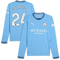 Men's Josko Gvardiol Manchester City F.C. Replica Light Blue Puma 2024/25 Home Long Sleeve Soccer Jersey