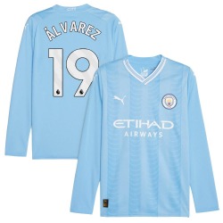 Men's Julián Álvarez Manchester City F.C. Replica Blue Puma Sky 2023/24 Home Long Sleeve Soccer Jersey