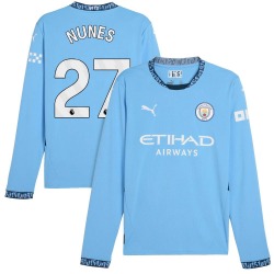 Men's Matheus Nunes Manchester City F.C. Replica Light Blue Puma 2024/25 Home Long Sleeve Soccer Jersey