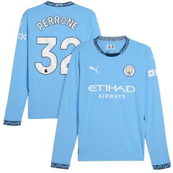 Men's Máximo Perrone Manchester City F.C. Replica Light Blue Puma 2024/25 Home Long Sleeve Soccer Jersey