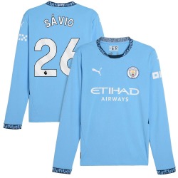 Men's Sávio Manchester City F.C. Replica Light Blue Puma 2024/25 Home Long Sleeve Soccer Jersey