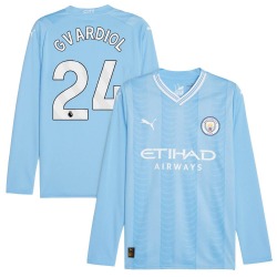 Youth Josko Gvardiol Manchester City F.C. Replica Blue Puma Sky 2023/24 Home Long Sleeve Soccer Jersey